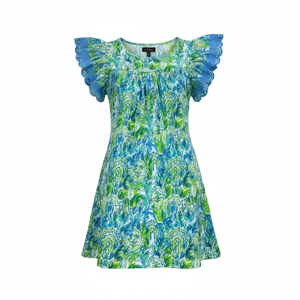 Lilly Pulitzer Girls Stassie Dress Out To‎ Play Blue Green Tropical Print Medium - Picture 3 of 10